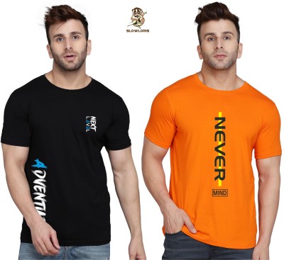 SLOWLORIS Typography Men Round Neck Black, Orange T-Shirt