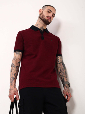 SHOWOFFFF Self Design Men Polo Neck Maroon T-Shirt