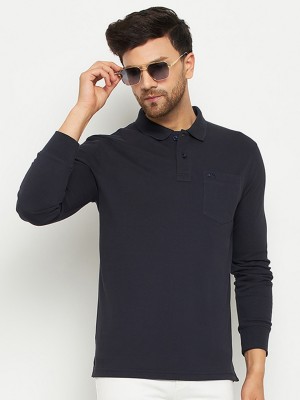 98 Degree North Solid Men Polo Neck Navy Blue T-Shirt