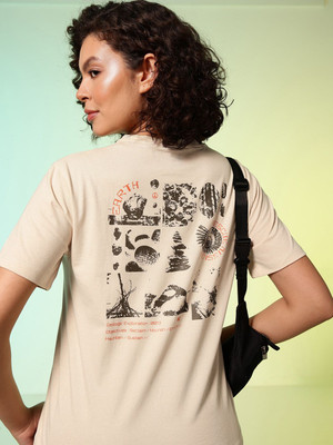 HRX by Hrithik Roshan Printed Women Round Neck Beige T-Shirt