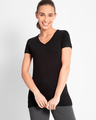 JOCKEY Solid Women V Neck Black T-Shirt