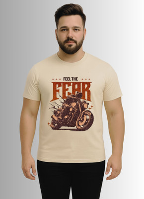 KART BLACK Self Design Men Round Neck Beige T-Shirt