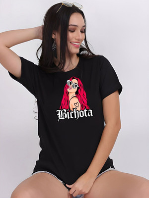 Moda Rapido Self Design Women Round Neck Black T-Shirt