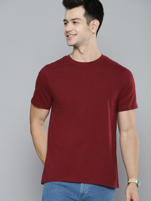 RULEDBYSUN Solid Men Round Neck Maroon T-Shirt