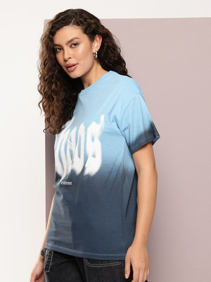 Kook N Keech Printed Women Round Neck Light Blue T-Shirt