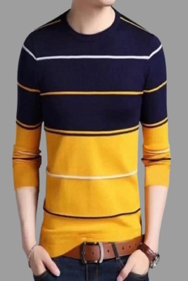 ATTITUDE START OF FASHION Striped Men Round Neck Dark Blue, Yellow T-Shirt