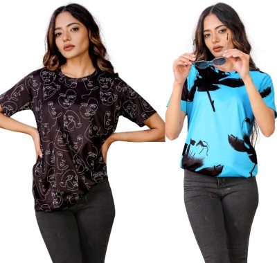 Apache Floral Print Women Round Neck Blue, Black T-Shirt