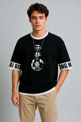 FAOES Graphic Print Men Round Neck Black T-Shirt