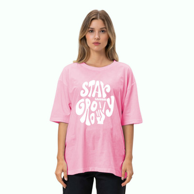 etsun Typography Women Round Neck Pink T-Shirt