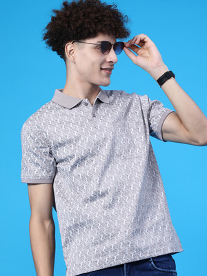 V-MART Printed Men Polo Neck Grey T-Shirt