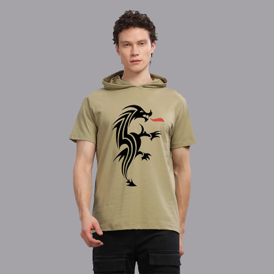 SolaceActive Graphic Print Men Hooded Neck Reversible Green T-Shirt