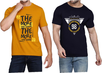 WOOSTRO Printed Men Round Neck Brown, Dark Blue T-Shirt