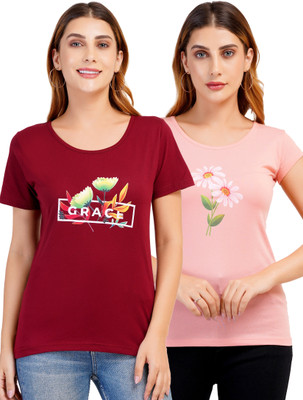 Romaisa Graphic Print Women Round Neck Reversible Maroon, Pink T-Shirt
