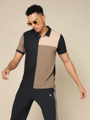TECHNOSPORT Colorblock Men Polo Neck Black T-Shirt