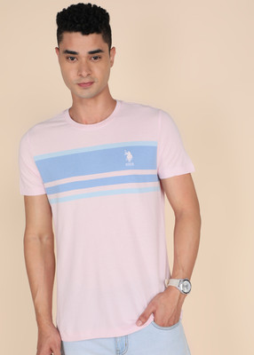 U.S. POLO ASSN. Striped Men Crew Neck Pink T-Shirt