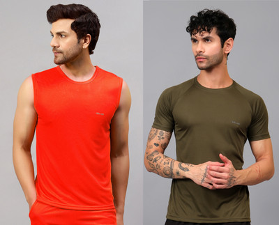 UDI n ADI Self Design Men Round Neck Red, Dark Green T-Shirt