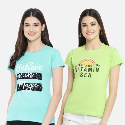 Fabflee Casual Printed Women Light Blue, Light Green Top