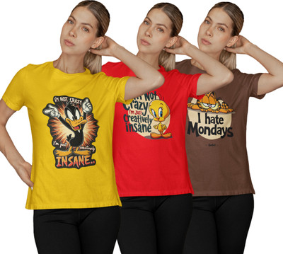 Stylewill Graphic Print Women Round Neck Yellow, Red, Brown T-Shirt