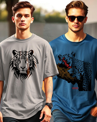 AOOSH Printed Men Round Neck Grey, Dark Blue T-Shirt