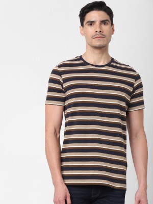 SELECTED HOMME Striped, Printed Men Round Neck Brown T-Shirt