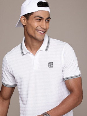 WROGN Self Design Men Polo Neck White T-Shirt
