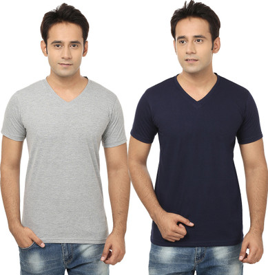Tresna Trendy Solid Men V Neck Dark Blue, Grey T-Shirt