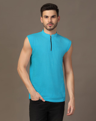 GEUM Solid Men Mandarin Collar Blue T-Shirt