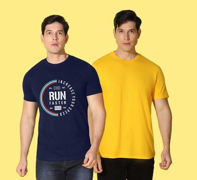 WOOSTRO Printed, Solid Men Round Neck Dark Blue, Yellow T-Shirt