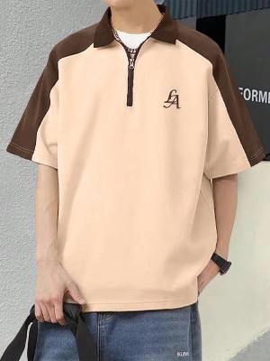 Jump Cuts Printed Men Polo Neck Beige, Brown T-Shirt