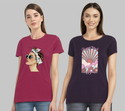 CHOZI Printed Women Round Neck Pink, Purple T-Shirt
