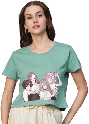 Pronk Printed Women Round Neck Light Green T-Shirt