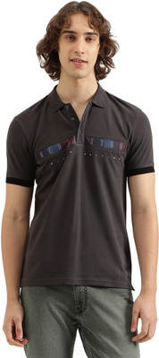 United Colors of Benetton Typography Men Polo Neck Grey T-Shirt