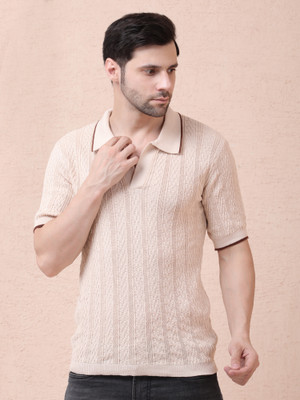 NOQUO Striped, Self Design Men Polo Neck Beige T-Shirt