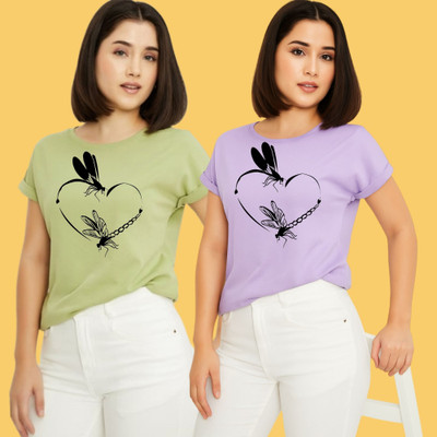 Kintu Parantu Printed Women Round Neck Green, Purple T-Shirt