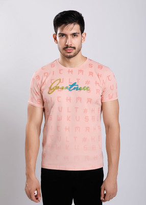 HIGHTRIBE Printed Men Round Neck Pink T-Shirt
