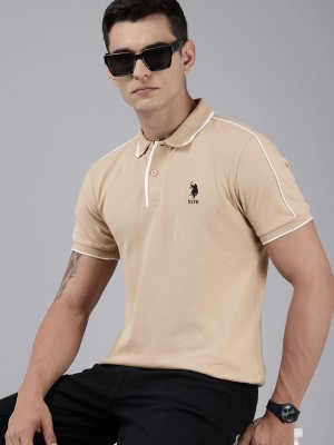 U.S. POLO ASSN. Solid Men Polo Neck Beige T-Shirt