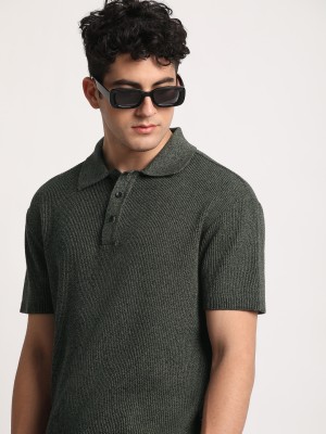 THE BEAR HOUSE Self Design Men Polo Neck Green T-Shirt