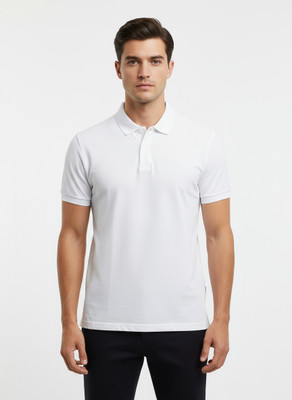The Mirai Solid Men Polo Neck White T-Shirt
