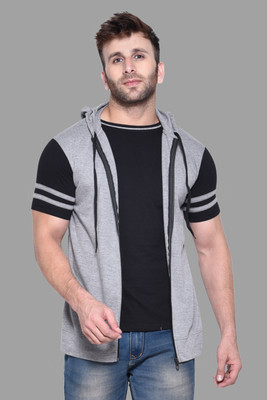 Trendfull Colorblock Men Hooded Neck Grey, Black T-Shirt