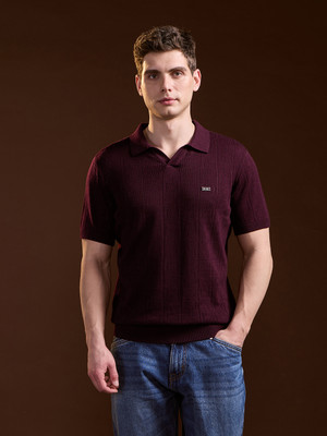 THE BEAR HOUSE Self Design Men Polo Neck Maroon T-Shirt