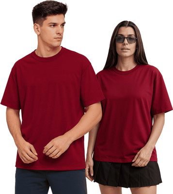 Twinny Zone Solid Couple Round Neck Maroon T-Shirt