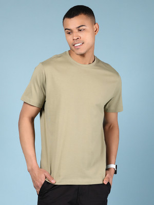 V-MART Solid Men Round Neck Beige T-Shirt