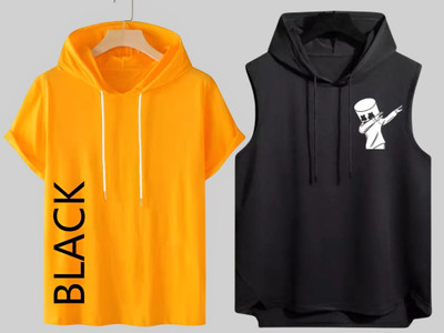 Mundali Graphic Print Men Hooded Neck Black, Yellow T-Shirt