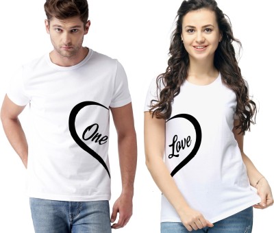 ATHLETIQO Printed Couple Round Neck White T-Shirt