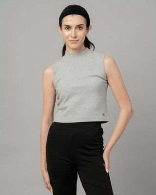HRX by Hrithik Roshan Solid Women High Neck Grey T-Shirt