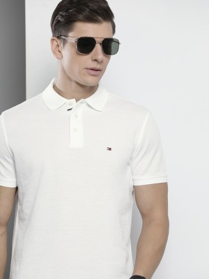 TOMMY HILFIGER Self Design Men Polo Neck White T-Shirt