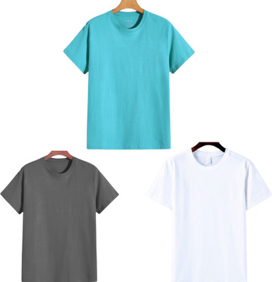 lalita creation Solid Men Round Neck Light Blue, Grey, White T-Shirt