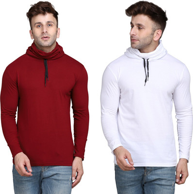 Blisstone Solid Men Hooded Neck White, Maroon T-Shirt
