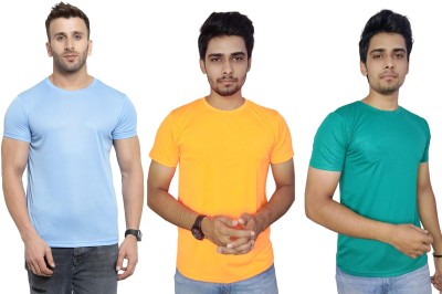 ManGOD Solid Men Round Neck Blue, Orange, Green T-Shirt