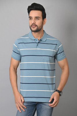 Arbour Striped Men Polo Neck Light Blue T-Shirt